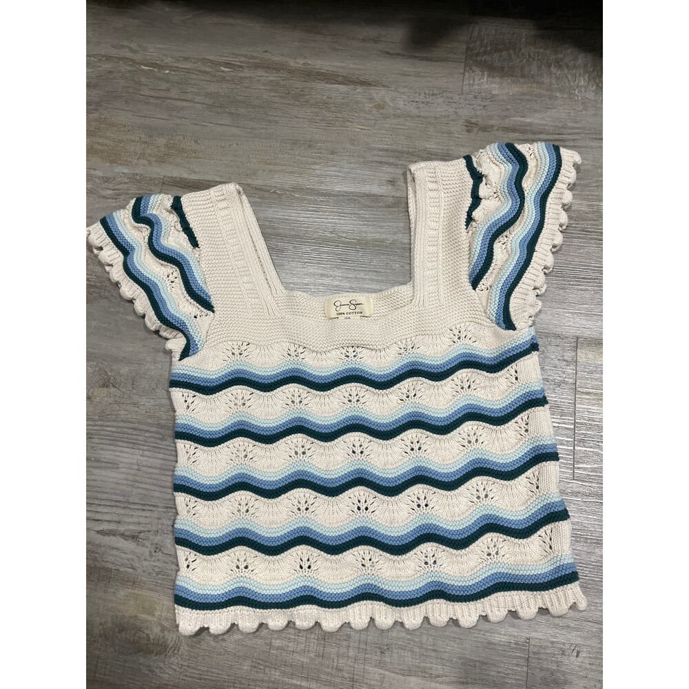 Jessica‎ Simpson knit top crocheted 100% cotton size XL women’s striped blue